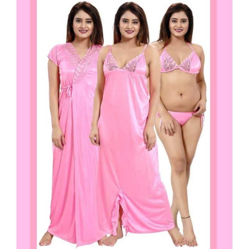 Satin 4 Part Night Dress For Women - Pink