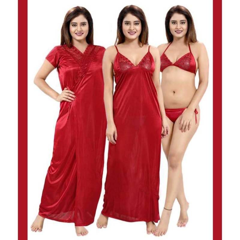 Satin 4 Part Night Dress For Women - Maroon