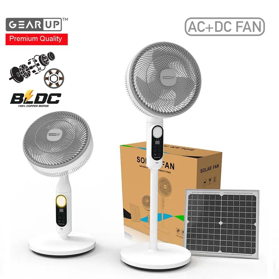 GearUP Premium Rechargeable BLDC Solar Stand Fan – AC + DC + Solar | Energy Saving Stand Fan